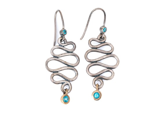 Sterling And 14K Serpentine And Topaz Pendant Earrings