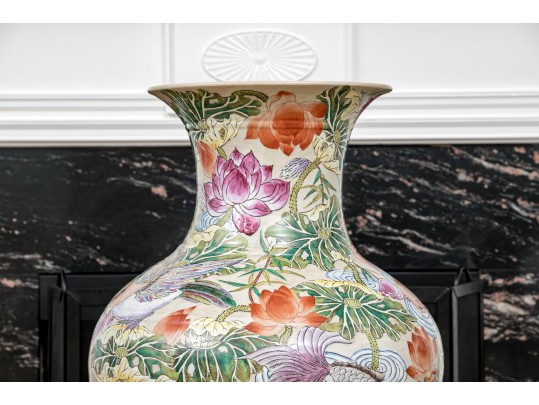 Massive Vintage Chinese Famille Rose Vase On Wood Stand