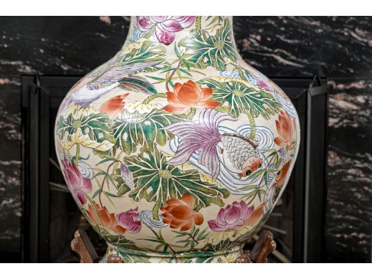 Massive Vintage Chinese Famille Rose Vase On Wood Stand