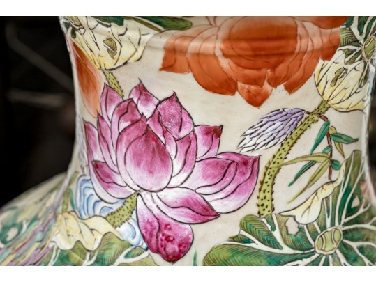 Massive Vintage Chinese Famille Rose Vase On Wood Stand