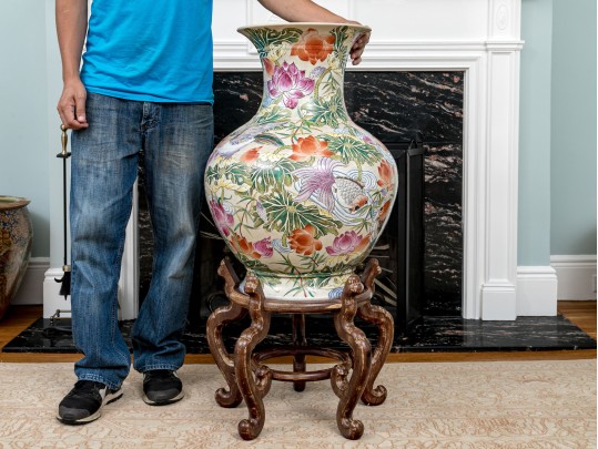 Massive Vintage Chinese Famille Rose Vase On Wood Stand