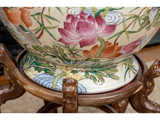 Massive Vintage Chinese Famille Rose Vase On Wood Stand