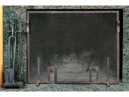 Vintage Iron Fire Place Screen And Tools Set