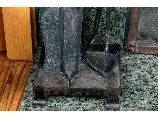 Vintage Iron Fire Place Screen And Tools Set