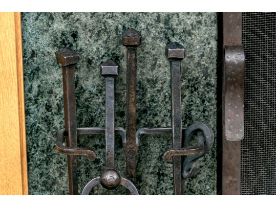 Vintage Iron Fire Place Screen And Tools Set