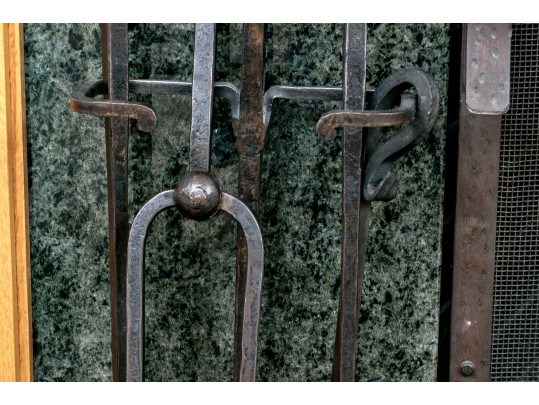 Vintage Iron Fire Place Screen And Tools Set