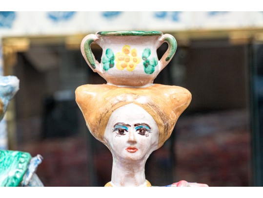 Four Italian Majolica Maid Figural Candleholders & Figurine