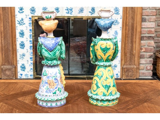 Four Italian Majolica Maid Figural Candleholders & Figurine