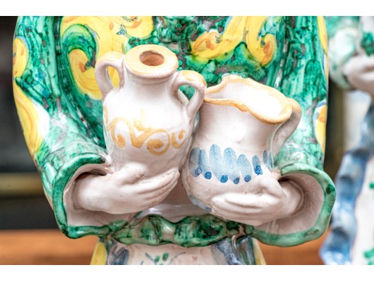 Four Italian Majolica Maid Figural Candleholders & Figurine