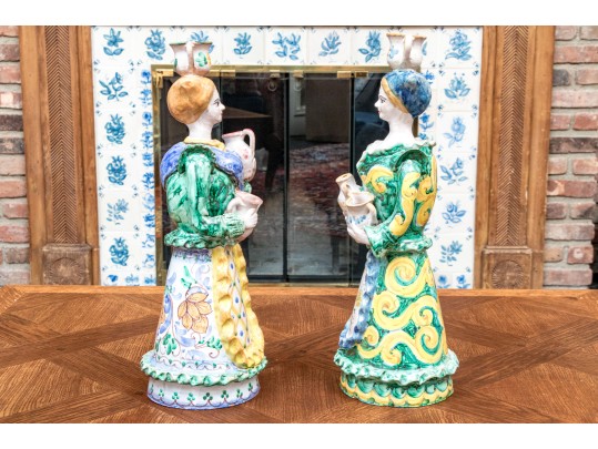 Four Italian Majolica Maid Figural Candleholders & Figurine