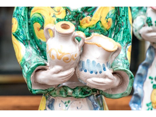 Four Italian Majolica Maid Figural Candleholders & Figurine