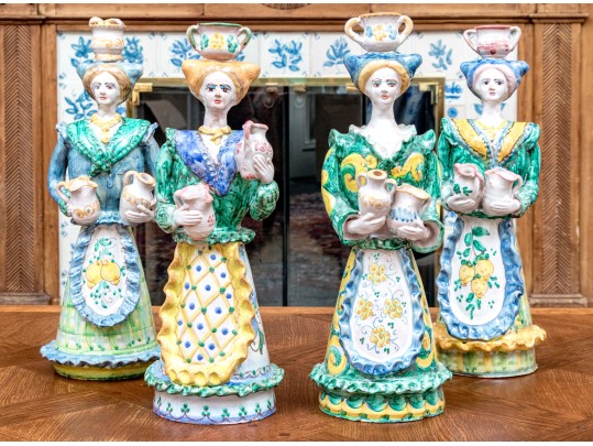 Four Italian Majolica Maid Figural Candleholders & Figurine