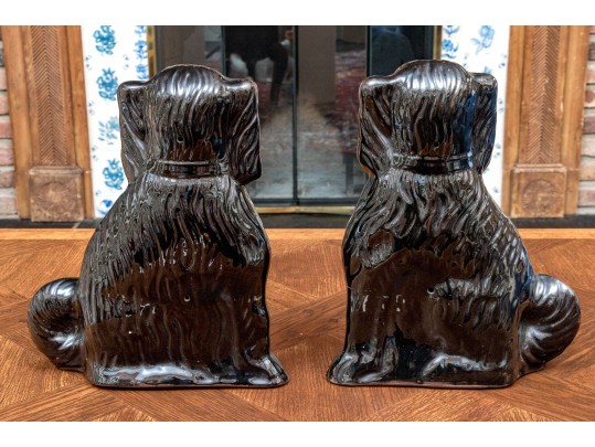 Pair Of Victorian Staffordshire Black Glazed Spaniels