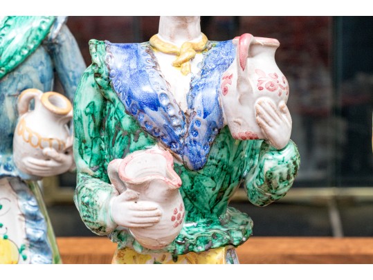 Four Italian Majolica Maid Figural Candleholders & Figurine