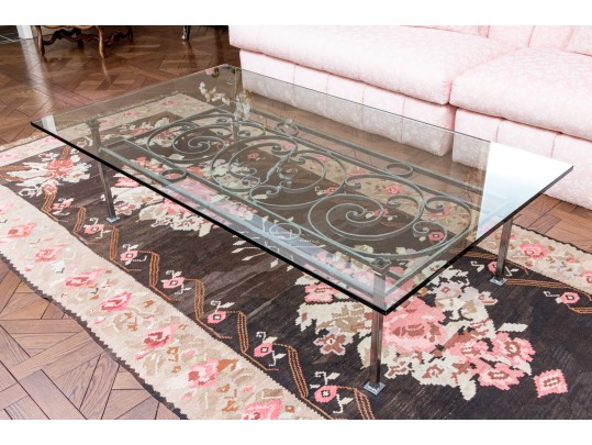 Large Glass & Iron Cocktail Table