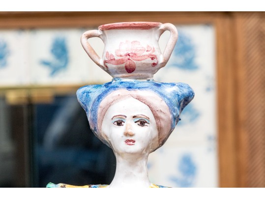 Four Italian Majolica Maid Figural Candleholders & Figurine