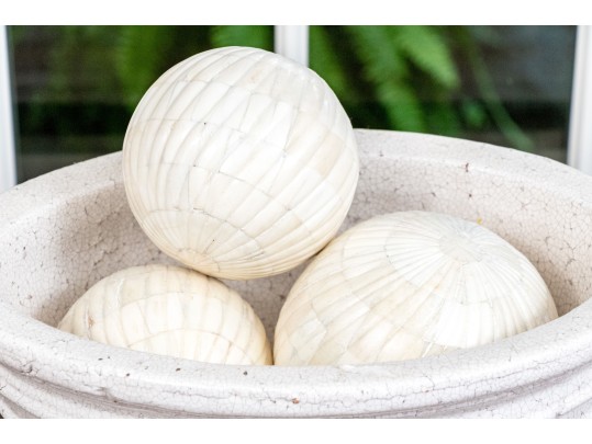 Decorative Crackle Glazed Oval Compote Bowl With Three Decorative Orbs