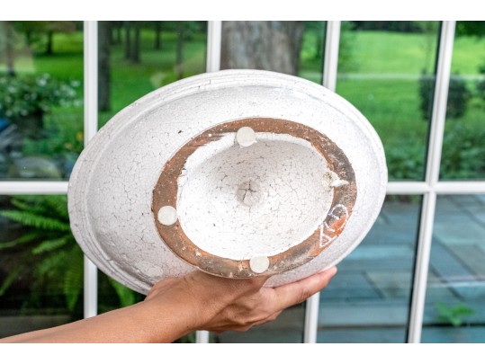 Decorative Crackle Glazed Oval Compote Bowl With Three Decorative Orbs