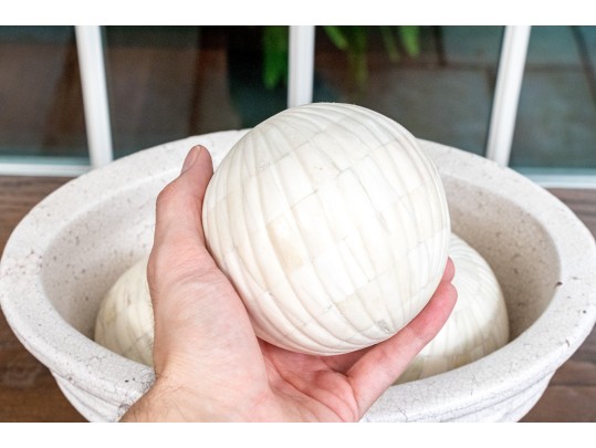 Decorative Crackle Glazed Oval Compote Bowl With Three Decorative Orbs