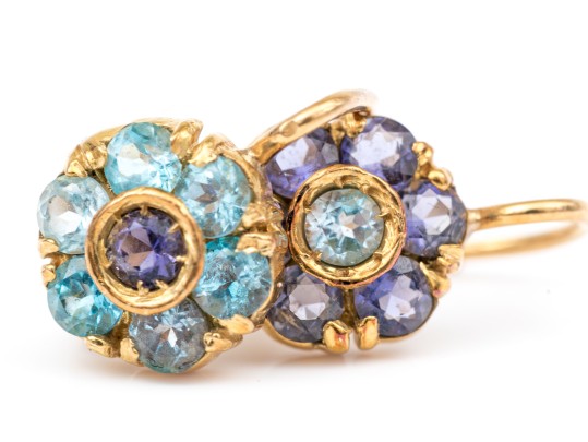 18k Yellow Gold Striking Blue Sapphire And Blue Topaz Halo Cluster Pendant Earrings