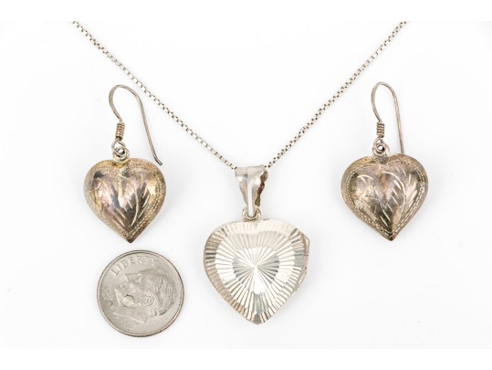 Sterling Silver Heart Motif Earrings With Complementary Heart Motif Locket, With Chain