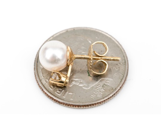 14k Yellow Gold Pretty 5.75 Mm Cultured Pearl Stud Earrings Set With Diamonds, App. 0.08 TCW