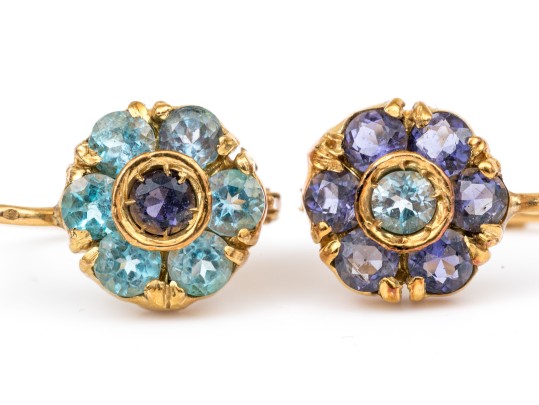 18k Yellow Gold Striking Blue Sapphire And Blue Topaz Halo Cluster Pendant Earrings
