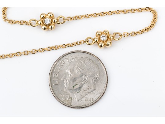 14k Yellow Gold Pretty Diamond Set Flower Motif Station Necklace, App. 0.20 TCW