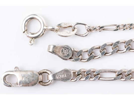 Sterling Silver Collection Of Figaro And Curb Link Bracelets, With Necklace