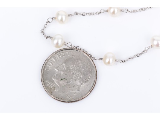 14k White Gold Pretty White Cultured Freshwater Pearl Station Necklace