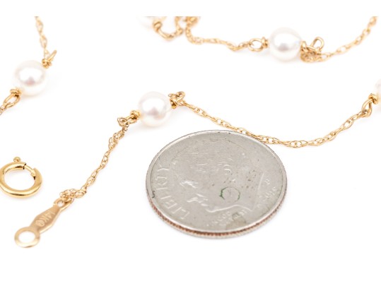 14k Yellow Gold Pretty White Cultured Freshwater Pearl Station Necklace
