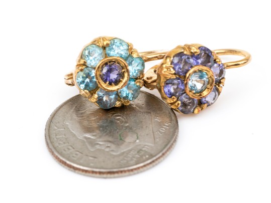 18k Yellow Gold Striking Blue Sapphire And Blue Topaz Halo Cluster Pendant Earrings