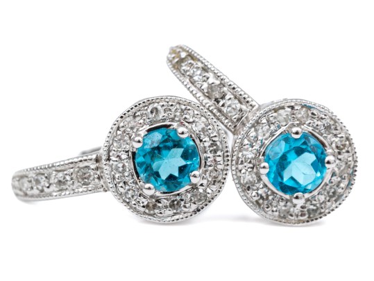14k White Gold Beautiful Blue Topaz And Diamond Halo Drop Earrings