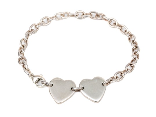 Sterling Silver Pretty Double Heart Id Style Bracelet