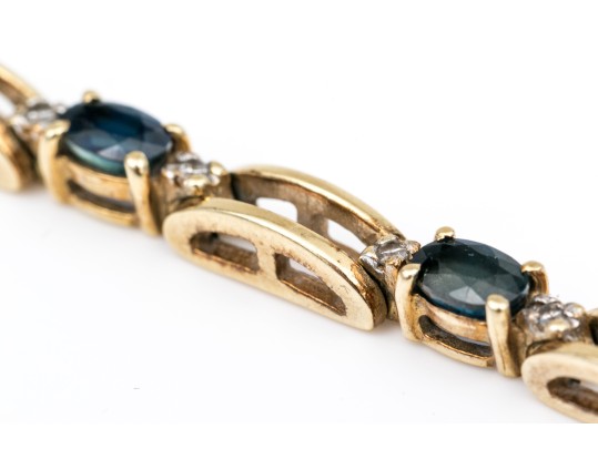14k Yellow Gold Classic Oval Sapphire And Diamond Link Bracelet