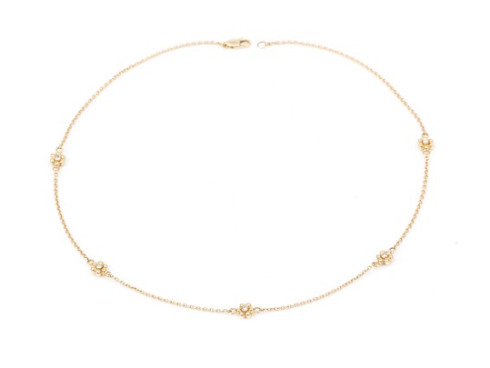 14k Yellow Gold Pretty Diamond Set Flower Motif Station Necklace, App. 0.20 TCW