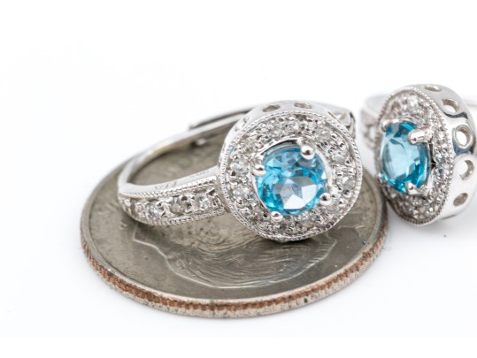 14k White Gold Beautiful Blue Topaz And Diamond Halo Drop Earrings