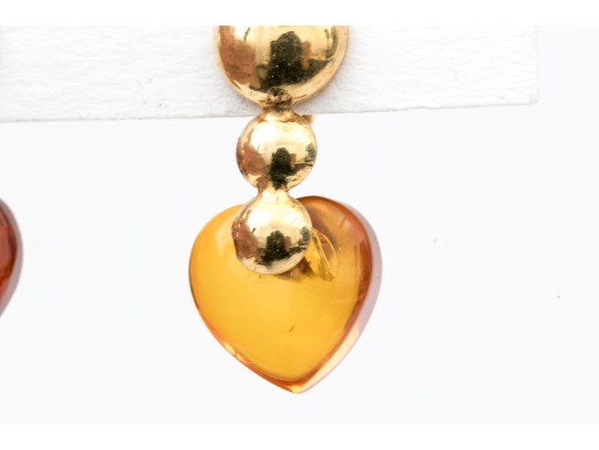 18k Yellow Gold Handsome Amber Heart Motif Drop Earrings