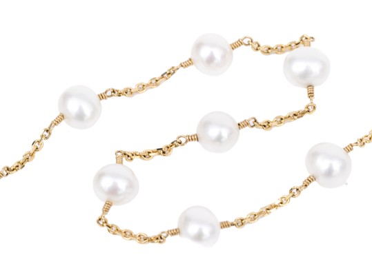 14k Yellow Gold Chic White Cultured Freshwater Pearl Station Choker Necklace