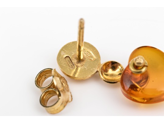 18k Yellow Gold Handsome Amber Heart Motif Drop Earrings