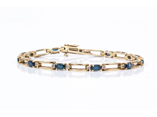 14k Yellow Gold Classic Oval Sapphire And Diamond Link Bracelet