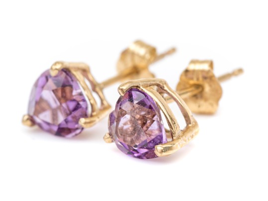 14k Yellow Gold Simple Purple Amethyst Heart Stud Earrings, App. 1.20 TCW
