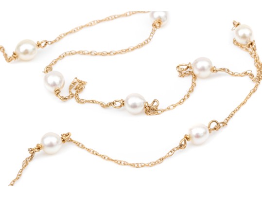 14k Yellow Gold Pretty White Cultured Freshwater Pearl Station Necklace
