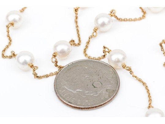 14k Yellow Gold Elegant White Cultured Pearl Station Necklace