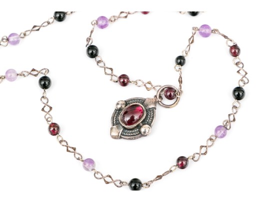Sterling Silver Black Onyx, Garnet And Amethyst Bead Necklace, Finished With A Garnet Pendant