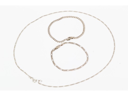 Sterling Silver Collection Of Figaro And Curb Link Bracelets, With Necklace