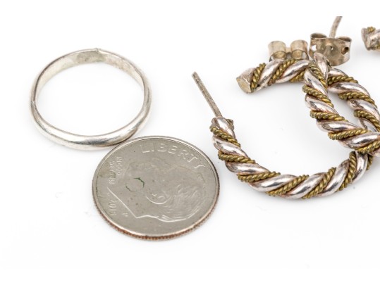 Sterling Silver Twisted Round Hoop Earrings And Plain Band Ring, Size 4.5