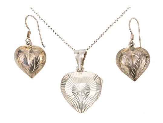 Sterling Silver Heart Motif Earrings With Complementary Heart Motif Locket, With Chain