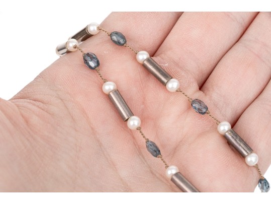 Lovely Fluorite Bead And Cultured Pearl Necklace, Sterling Clasp