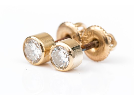 14k Yellow Gold Pretty Bezel Set Diamond Stud Earrings, App. 0.42 TCW